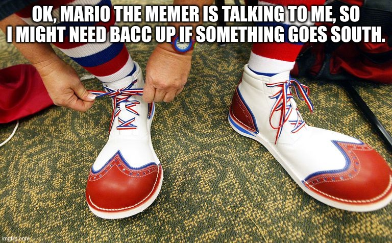 BTW I found his shoes | OK, MARIO THE MEMER IS TALKING TO ME, SO I MIGHT NEED BACC UP IF SOMETHING GOES SOUTH. | image tagged in clown shoes | made w/ Imgflip meme maker