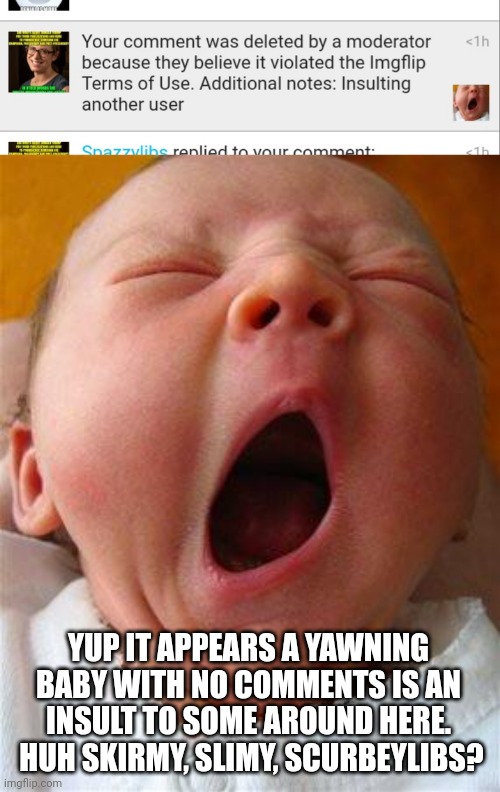 Another ban, another 8 hoirs thanms to scuvylibs. |  YUP IT APPEARS A YAWNING BABY WITH NO COMMENTS IS AN INSULT TO SOME AROUND HERE.  HUH SKIRMY, SLIMY, SCURBEYLIBS? | image tagged in yawn | made w/ Imgflip meme maker