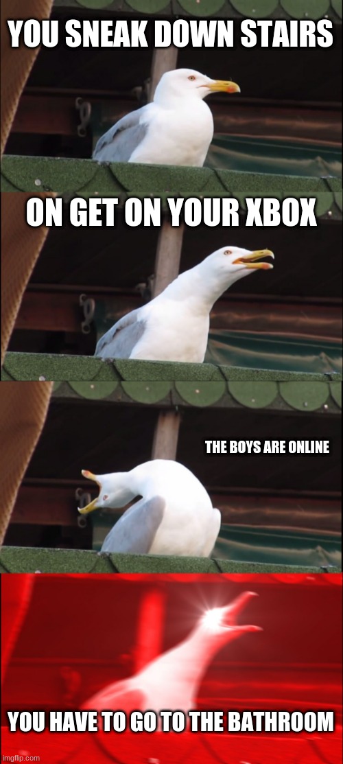 Inhaling Seagull Meme | YOU SNEAK DOWN STAIRS; ON GET ON YOUR XBOX; THE BOYS ARE ONLINE; YOU HAVE TO GO TO THE BATHROOM | image tagged in memes,inhaling seagull | made w/ Imgflip meme maker