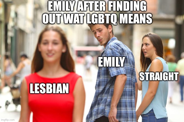 Emily | EMILY AFTER FINDING OUT WAT LGBTQ MEANS; EMILY; STRAIGHT; LESBIAN | image tagged in memes,distracted boyfriend | made w/ Imgflip meme maker