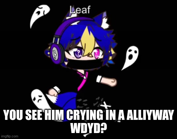 Leaf | YOU SEE HIM CRYING IN A ALLIYWAY
WDYD? | image tagged in leaf | made w/ Imgflip meme maker