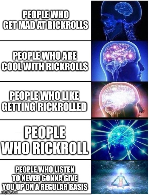 Expanding Brain 5 Panel | PEOPLE WHO GET MAD AT RICKROLLS; PEOPLE WHO ARE COOL WITH RICKROLLS; PEOPLE WHO LIKE GETTING RICKROLLED; PEOPLE WHO RICKROLL; PEOPLE WHO LISTEN TO NEVER GONNA GIVE YOU UP ON A REGULAR BASIS | image tagged in expanding brain 5 panel,rickroll | made w/ Imgflip meme maker