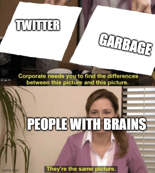 Corporate needs you to find the differences | TWITTER; GARBAGE; PEOPLE WITH BRAINS | image tagged in corporate needs you to find the differences | made w/ Imgflip meme maker