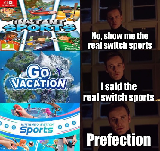 perfection | No, show me the real switch sports; I said the real switch sports; Prefection | image tagged in perfection,nintendo switch,switch sports,go vaction,mii | made w/ Imgflip meme maker