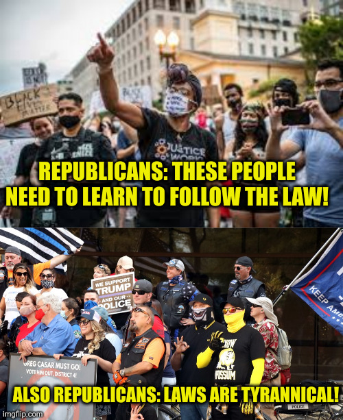 Republicans: The law and order party until it effects us | REPUBLICANS: THESE PEOPLE NEED TO LEARN TO FOLLOW THE LAW! ALSO REPUBLICANS: LAWS ARE TYRANNICAL! | image tagged in white racist minority | made w/ Imgflip meme maker