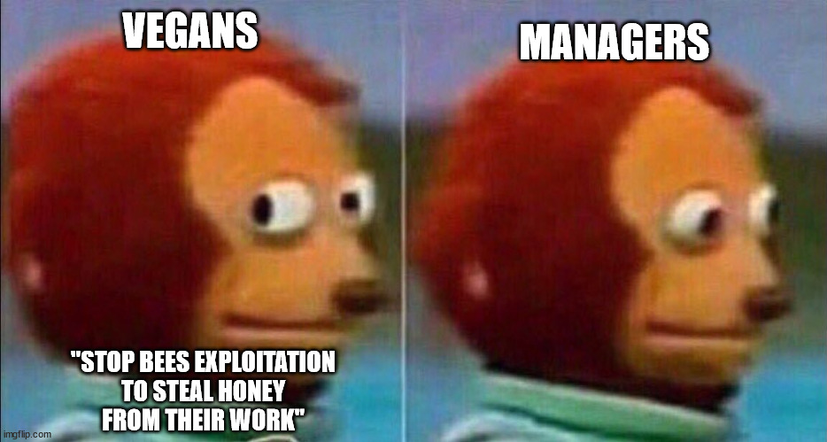 Stop bees exploitation | MANAGERS; VEGANS; "STOP BEES EXPLOITATION
TO STEAL HONEY
FROM THEIR WORK" | image tagged in monkey looking away,manager,management,money | made w/ Imgflip meme maker