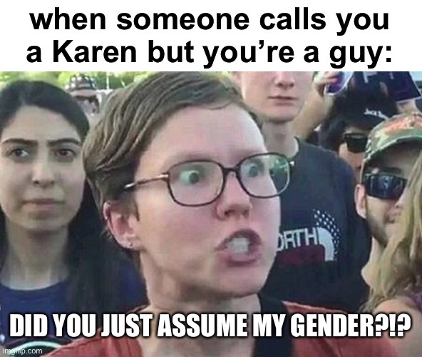 lol i actually saw this happen once | when someone calls you a Karen but you’re a guy:; DID YOU JUST ASSUME MY GENDER?!? | image tagged in triggered liberal | made w/ Imgflip meme maker