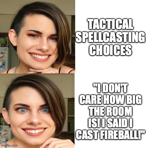 When you finally learn third-level spells, the choice is obvious… | TACTICAL SPELLCASTING CHOICES; "I DON'T CARE HOW BIG THE ROOM IS! I SAID I CAST FIREBALL!" | image tagged in unhinged sarah,dungeons and dragons | made w/ Imgflip meme maker