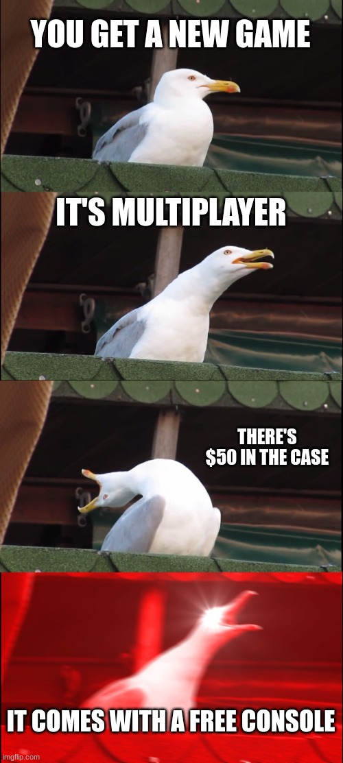 Inhaling Seagull Meme | YOU GET A NEW GAME; IT'S MULTIPLAYER; THERE'S $50 IN THE CASE; IT COMES WITH A FREE CONSOLE | image tagged in memes,inhaling seagull | made w/ Imgflip meme maker