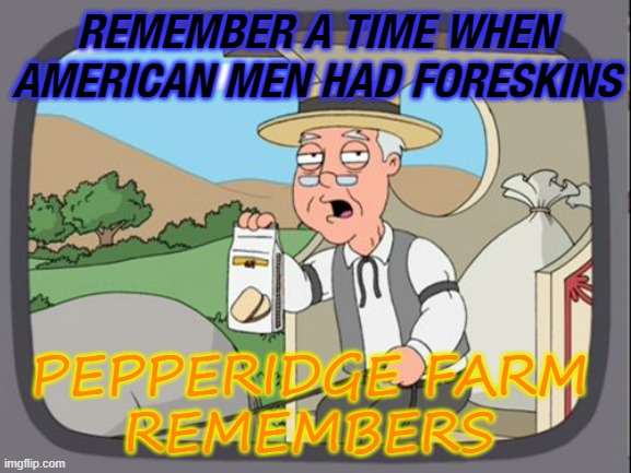 Pepperidge Farm Remembers | REMEMBER A TIME WHEN AMERICAN MEN HAD FORESKINS; PEPPERIDGE FARM
REMEMBERS | image tagged in family guy pepper ridge | made w/ Imgflip meme maker