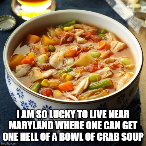 Maryland Crab Soup | I AM SO LUCKY TO LIVE NEAR MARYLAND WHERE ONE CAN GET ONE HELL OF A BOWL OF CRAB SOUP | image tagged in soup | made w/ Imgflip meme maker