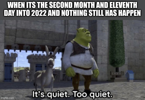 * heavy breathing * | WHEN ITS THE SECOND MONTH AND ELEVENTH DAY INTO 2022 AND NOTHING STILL HAS HAPPEN | image tagged in it s quiet too quiet shrek | made w/ Imgflip meme maker