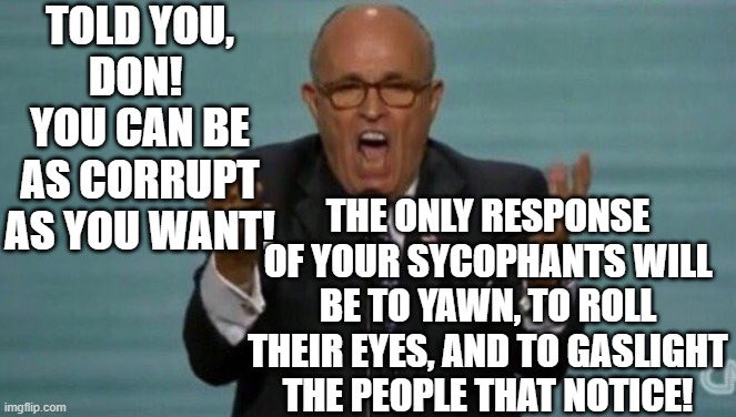 LOUD RUDY GIULIANI | TOLD YOU, DON!  YOU CAN BE AS CORRUPT AS YOU WANT! THE ONLY RESPONSE OF YOUR SYCOPHANTS WILL BE TO YAWN, TO ROLL THEIR EYES, AND TO GASLIGHT | image tagged in loud rudy giuliani | made w/ Imgflip meme maker