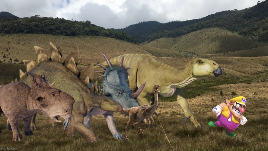 Wario dies by a stampede of dinosaurs | image tagged in wario dies,wario,jurassic park,jurassic world,dinosaur | made w/ Imgflip meme maker
