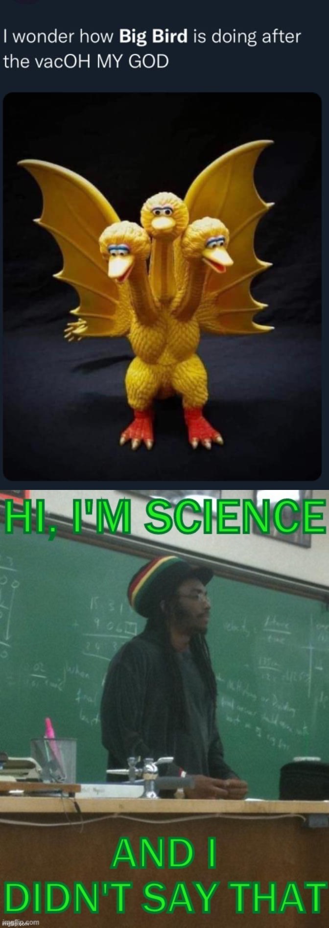 image tagged in big bird after vaccine,hi i'm science and i didn't say that | made w/ Imgflip meme maker
