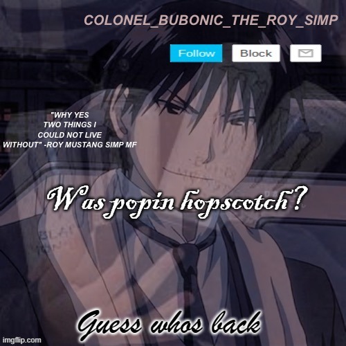 Roy Mustang temp #1,000,000 | Was popin hopscotch? Guess whos back | image tagged in roy mustang temp 1 000 000 | made w/ Imgflip meme maker