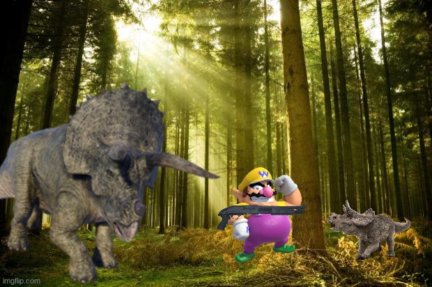 Wario tries to kill a baby trike with a shotgun then dies by a mother triceratops | image tagged in wario dies,wario,jurassic park,jurassic world,dinosaur | made w/ Imgflip meme maker