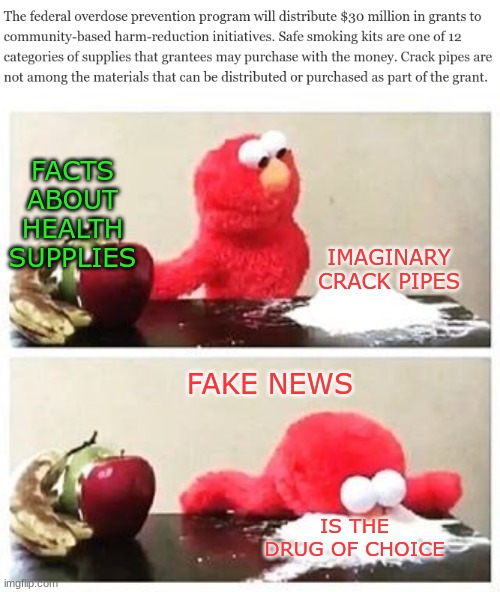 I know you love it, Elmo, but that Fake News is dangerous | FACTS ABOUT HEALTH SUPPLIES; IMAGINARY CRACK PIPES; FAKE NEWS; IS THE DRUG OF CHOICE | image tagged in elmo cocaine,crack,health,policy | made w/ Imgflip meme maker
