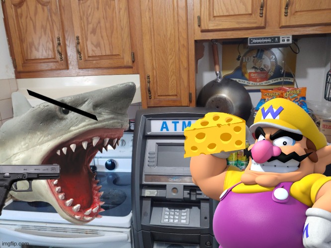 Wario dies gets shot by Shark Puppet for eating his cheese then dies | image tagged in wario dies,wario,shark,cheese,gun | made w/ Imgflip meme maker