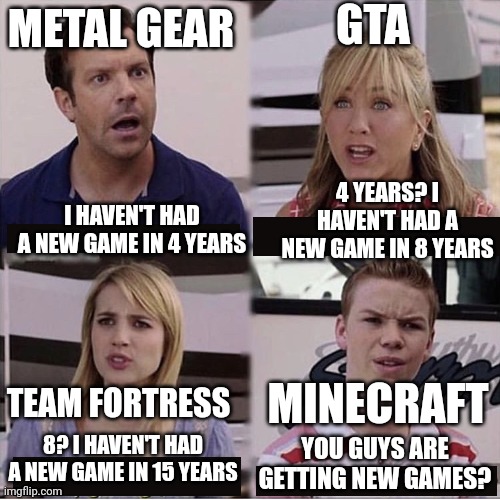 You guys are getting paid template |  GTA; METAL GEAR; 4 YEARS? I HAVEN'T HAD A NEW GAME IN 8 YEARS; I HAVEN'T HAD A NEW GAME IN 4 YEARS; MINECRAFT; TEAM FORTRESS; 8? I HAVEN'T HAD A NEW GAME IN 15 YEARS; YOU GUYS ARE GETTING NEW GAMES? | image tagged in you guys are getting paid template,team fortress 2,gta,minecraft,metal gear,grand theft auto | made w/ Imgflip meme maker