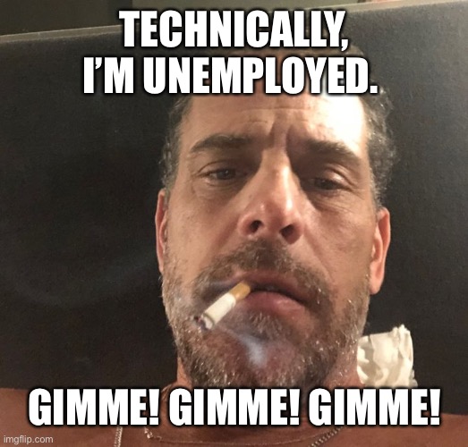 Hunter Biden | TECHNICALLY, I’M UNEMPLOYED. GIMME! GIMME! GIMME! | image tagged in hunter biden | made w/ Imgflip meme maker