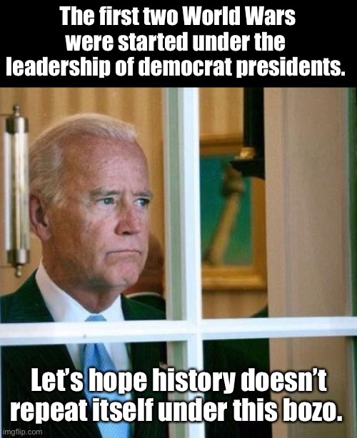 Seems like a pattern forming | The first two World Wars were started under the  leadership of democrat presidents. Let’s hope history doesn’t repeat itself under this bozo. | image tagged in sad joe biden,politics lol,memes | made w/ Imgflip meme maker