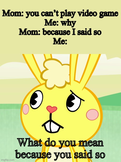 I’m confused | Mom: you can’t play video game
Me: why
Mom: because I said so
Me:; What do you mean because you said so | image tagged in confused cuddles htf,mom,bruh moment,facepalm | made w/ Imgflip meme maker
