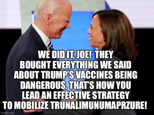 Biden Harris | WE DID IT, JOE!  THEY BOUGHT EVERYTHING WE SAID ABOUT TRUMP’S VACCINES BEING DANGEROUS. THAT’S HOW YOU LEAD AN EFFECTIVE STRATEGY TO MOBILIZ | image tagged in biden harris | made w/ Imgflip meme maker