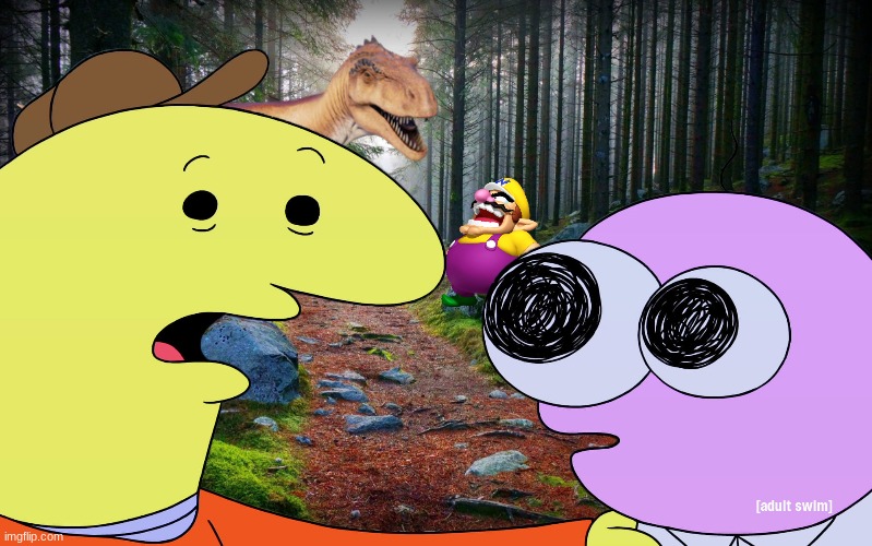 Wario dies by a megalosaurus while Charlie and Pim are talking | image tagged in wario dies,wario,jurassic park,jurassic world,dinosaur,smiling friends | made w/ Imgflip meme maker
