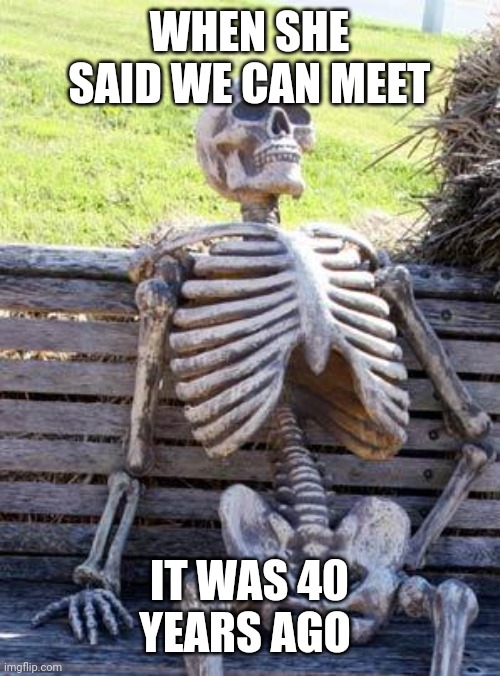 Waiting Skeleton Meme | WHEN SHE SAID WE CAN MEET; IT WAS 40 YEARS AGO | image tagged in memes,waiting skeleton | made w/ Imgflip meme maker