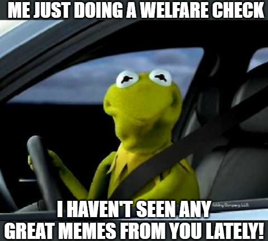 check up | ME JUST DOING A WELFARE CHECK; I HAVEN'T SEEN ANY GREAT MEMES FROM YOU LATELY! | image tagged in kermit car,meme | made w/ Imgflip meme maker