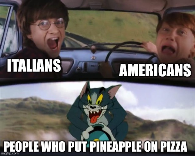 Pineapple does not belong on a pizza, period | AMERICANS; ITALIANS; PEOPLE WHO PUT PINEAPPLE ON PIZZA | image tagged in harry potter tom train,pineapple,pizza,italy,united states,memes | made w/ Imgflip meme maker