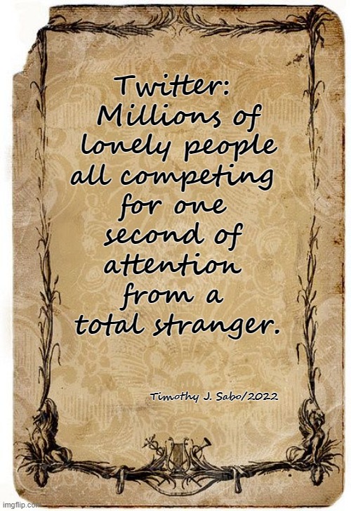 Twitter: Losers Paradise | Twitter: 
Millions of
 lonely people 
all competing 
for one 
second of 
attention 
from a 
total stranger. Timothy J. Sabo/2022 | image tagged in twitter,losers,paradise,strangers,lonely | made w/ Imgflip meme maker