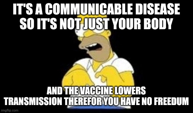 Disabled Homer | IT'S A COMMUNICABLE DISEASE SO IT'S NOT JUST YOUR BODY AND THE VACCINE LOWERS TRANSMISSION THEREFOR YOU HAVE NO FREEDUM | image tagged in disabled homer | made w/ Imgflip meme maker