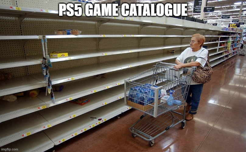 Pretty barren if its not a PS4 game already | PS5 GAME CATALOGUE | image tagged in empty shelves | made w/ Imgflip meme maker