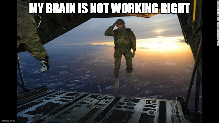 Military Skydive Solute | MY BRAIN IS NOT WORKING RIGHT | image tagged in military skydive solute | made w/ Imgflip meme maker