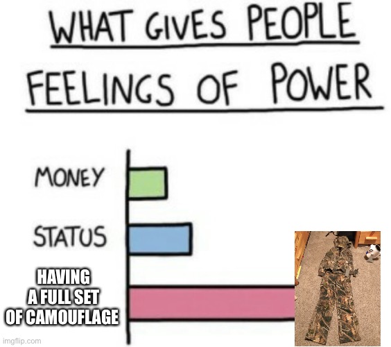 What Gives People Feelings of Power | HAVING A FULL SET OF CAMOUFLAGE | image tagged in what gives people feelings of power,hunting | made w/ Imgflip meme maker