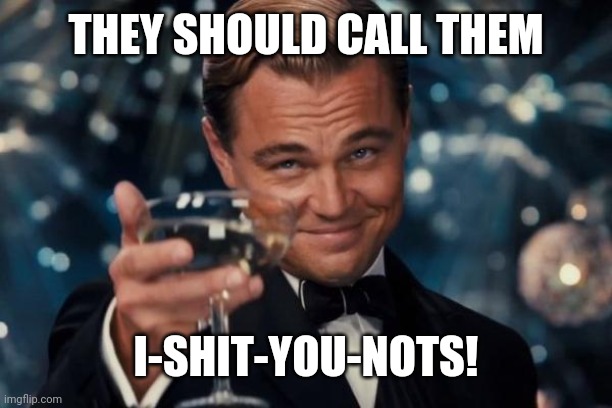 Leonardo Dicaprio Cheers Meme | THEY SHOULD CALL THEM I-SHIT-YOU-NOTS! | image tagged in memes,leonardo dicaprio cheers | made w/ Imgflip meme maker