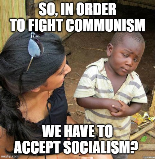 black kid | SO, IN ORDER TO FIGHT COMMUNISM; WE HAVE TO ACCEPT SOCIALISM? | image tagged in black kid | made w/ Imgflip meme maker