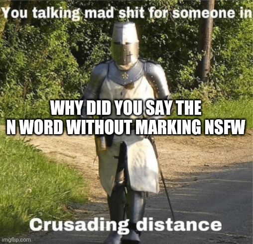 You talking mad shit for someone in crusading distance | WHY DID YOU SAY THE N WORD WITHOUT MARKING NSFW | image tagged in you talking mad shit for someone in crusading distance | made w/ Imgflip meme maker