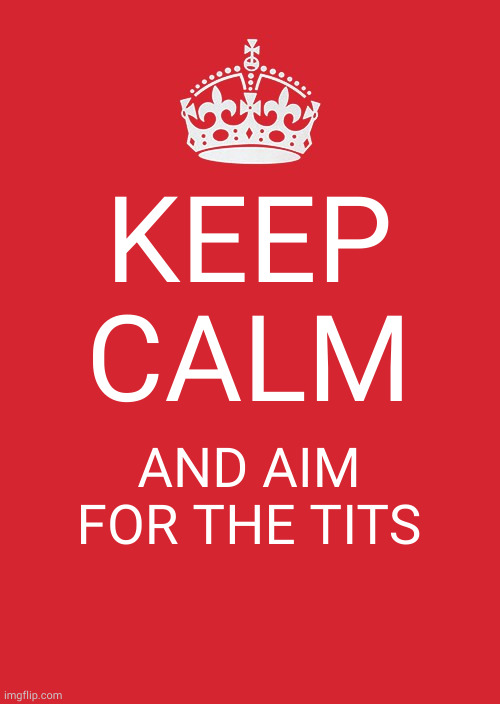 I don't know why but this always makes me smile | KEEP CALM; AND AIM FOR THE TITS | image tagged in memes,keep calm and carry on red | made w/ Imgflip meme maker