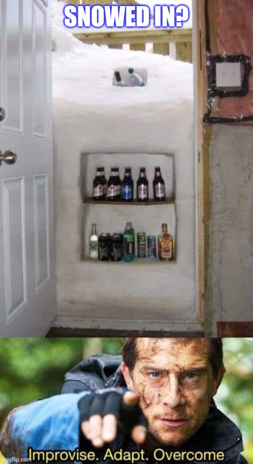 Ice Cold |  SNOWED IN? | image tagged in improvise adapt overcome,snow day,refrigerator,freezing cold,beer,liquor | made w/ Imgflip meme maker