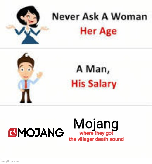 noises | Mojang; where they got the villager death sound | image tagged in never ask a woman her age,minecraft,lol,funny,minecraft villagers | made w/ Imgflip meme maker