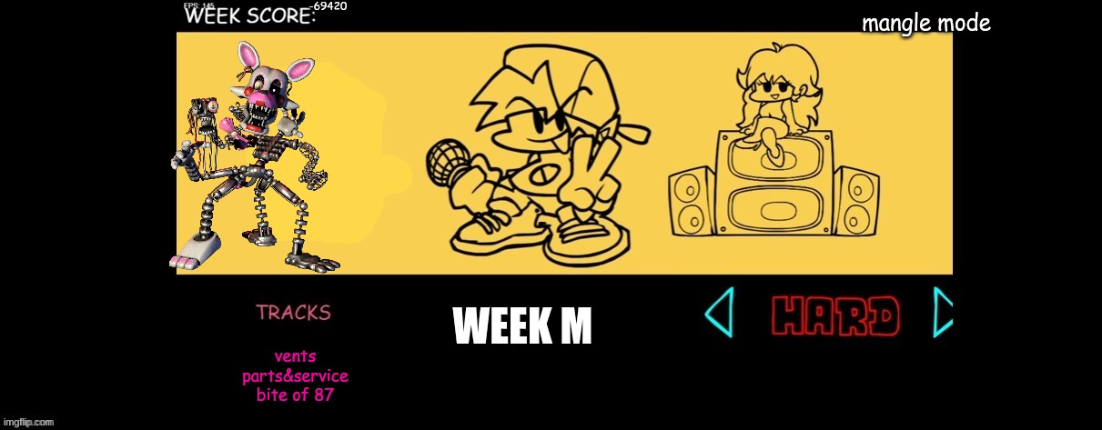 FNF Custom Week | -69420; mangle mode; WEEK M; vents
parts&service
bite of 87 | image tagged in fnf custom week | made w/ Imgflip meme maker