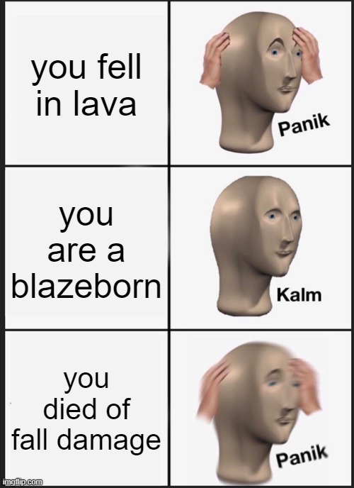 Panik Kalm Panik Meme | you fell in lava; you are a blazeborn; you died of fall damage | image tagged in memes,panik kalm panik | made w/ Imgflip meme maker