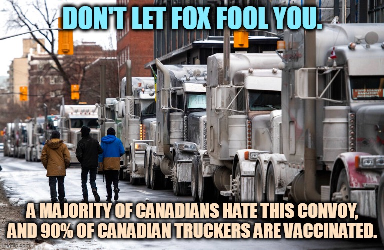 This lunatic fringe is not a majority of anything. | DON'T LET FOX FOOL YOU. A MAJORITY OF CANADIANS HATE THIS CONVOY, AND 90% OF CANADIAN TRUCKERS ARE VACCINATED. | image tagged in canada,trucker,right wing,anti vax,nuts | made w/ Imgflip meme maker