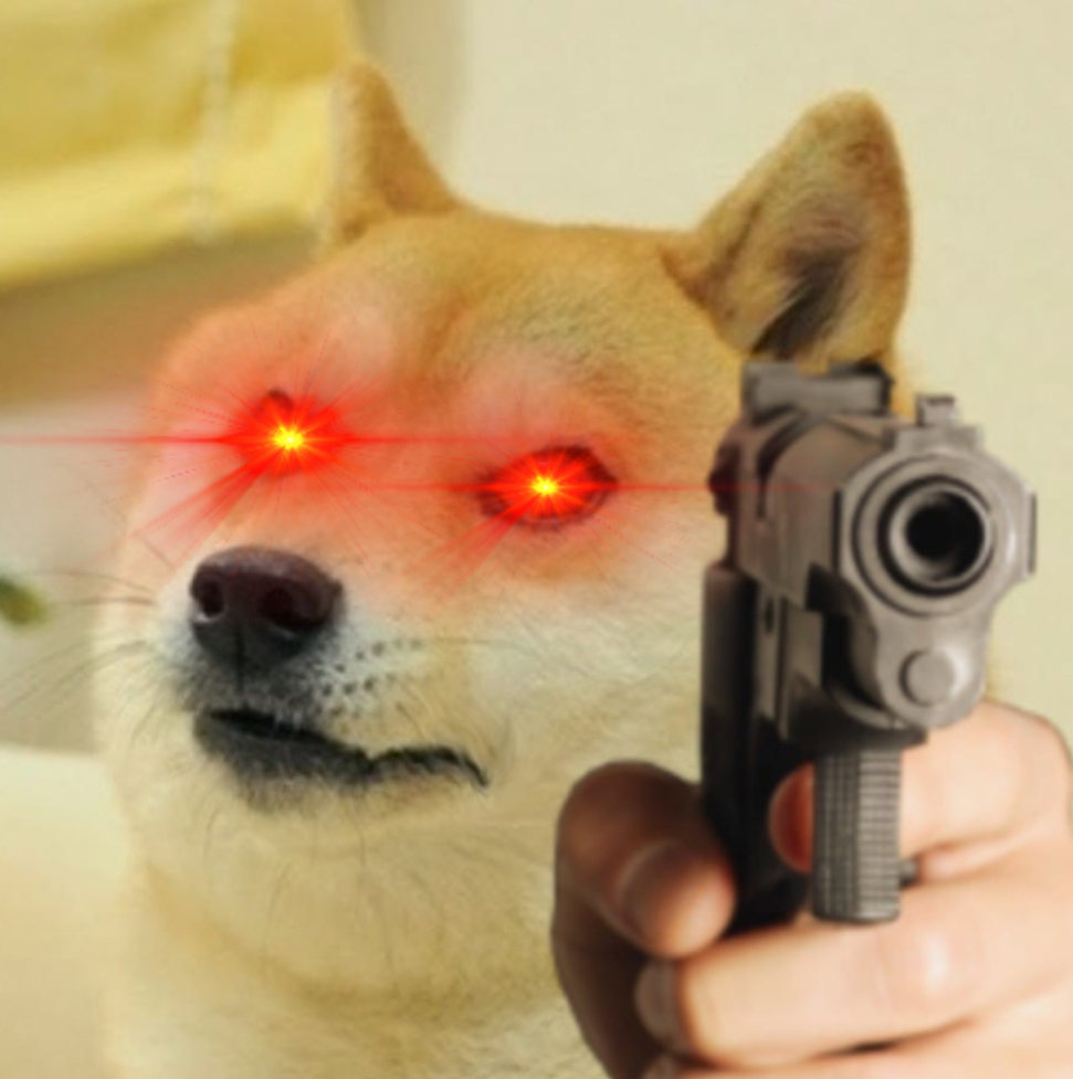 Doge holding gun with laser eye Blank Meme Template