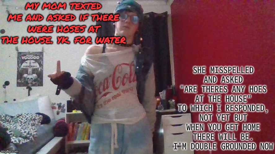 my mom texted me and asked if there were hoses at the house. yk. for water; SHE MISSPELLED AND ASKED "ARE THERES ANY HOES AT THE HOUSE" TO WHICH I RESPONDED, NOT YET BUT WHEN YOU GET HOME THERE WILL BE. I'M DOUBLE GROUNDED NOW | made w/ Imgflip meme maker