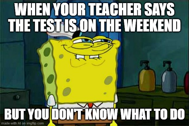 Test... Weekend... Excuse me?!/ [ Imgflip AI Meme ] | WHEN YOUR TEACHER SAYS THE TEST IS ON THE WEEKEND; BUT YOU DON'T KNOW WHAT TO DO | image tagged in memes,don't you squidward,ai meme,school | made w/ Imgflip meme maker