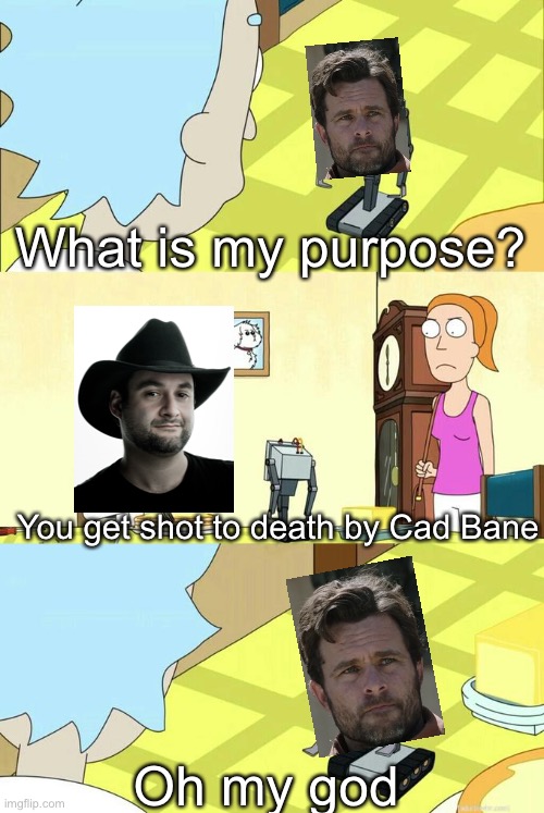 Tatooine belongs to the syndicate | What is my purpose? You get shot to death by Cad Bane; Oh my god | image tagged in what's my purpose - butter robot,boba fett,star wars | made w/ Imgflip meme maker